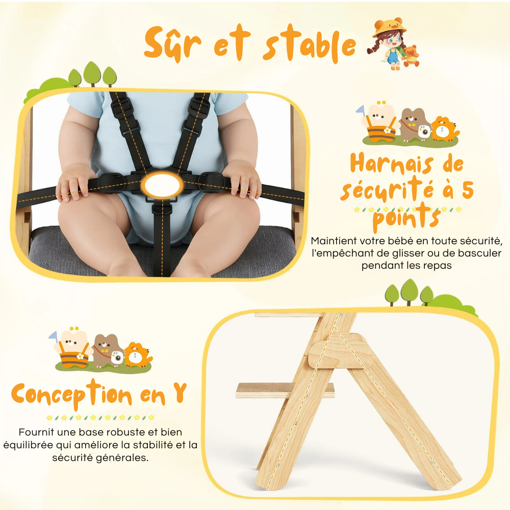 Chaise Haute Bébé en Bois Réglable