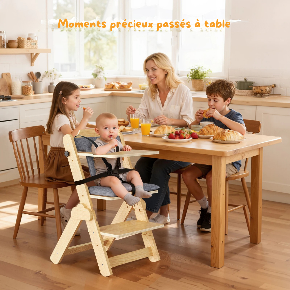 Chaise Haute Bébé en Bois Réglable