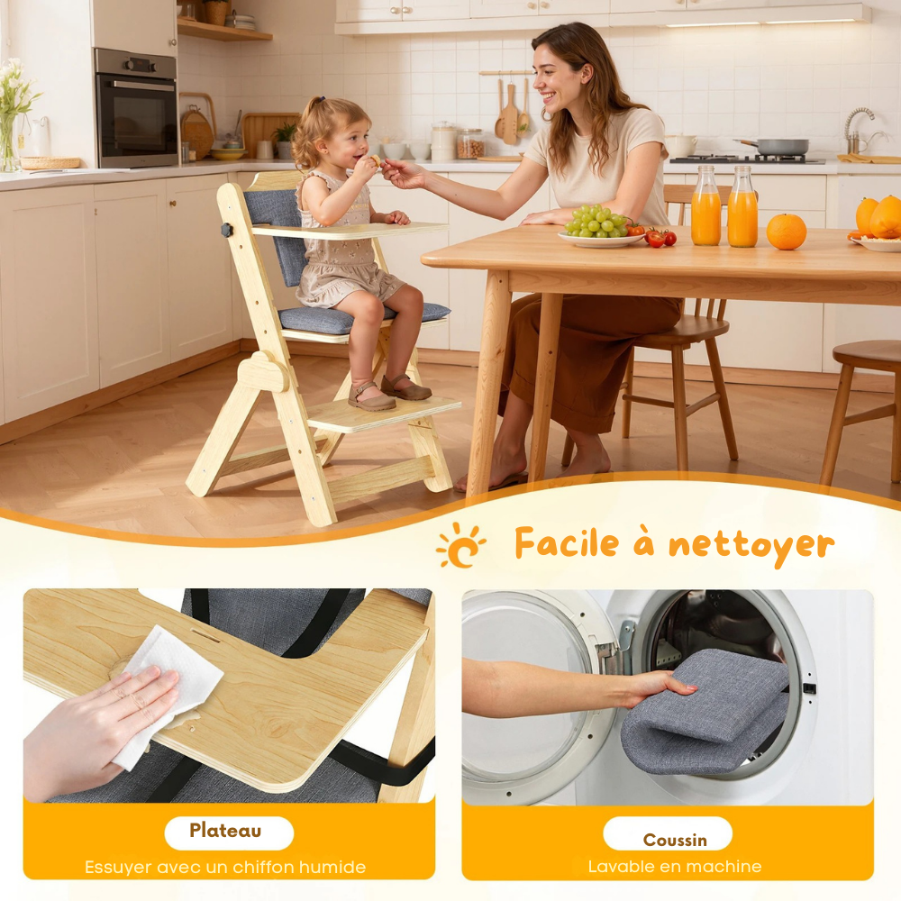 Chaise Haute Bébé en Bois Réglable