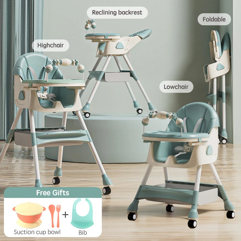 PANGDUBE Baby Seat Toddler Eating Chair Baby High Chair for Dinner Baby Feeding Chair with 4 Wheels, Bib, Bowl&spoon, Reclining