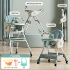 PANGDUBE Baby Seat Toddler Eating Chair Baby High Chair for Dinner Baby Feeding Chair with 4 Wheels, Bib, Bowl&spoon, Reclining