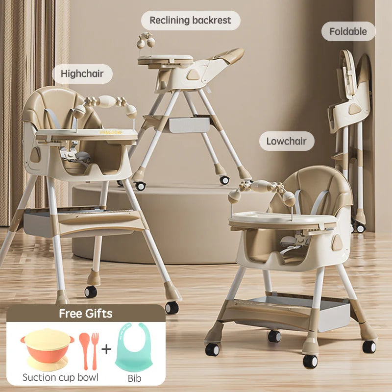 PANGDUBE Baby Seat Toddler Eating Chair Baby High Chair for Dinner Baby Feeding Chair with 4 Wheels, Bib, Bowl&spoon, Reclining