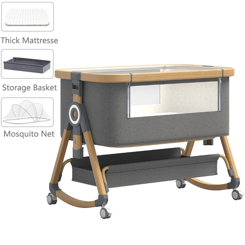 Baby Crib 3 in 1 Bedside Crib Baby Playpen Adjustable Height Rotatable Wheels Cozy Mattress Mosquito for Newborn Baby Infants