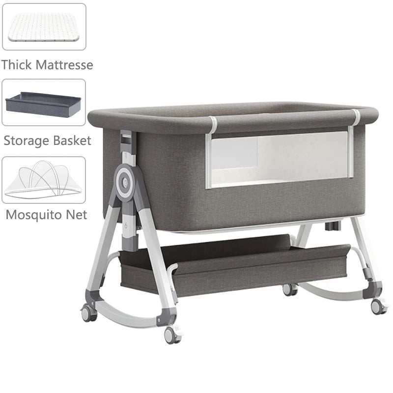 Baby Crib 3 in 1 Bedside Crib Baby Playpen Adjustable Height Rotatable Wheels Cozy Mattress Mosquito for Newborn Baby Infants