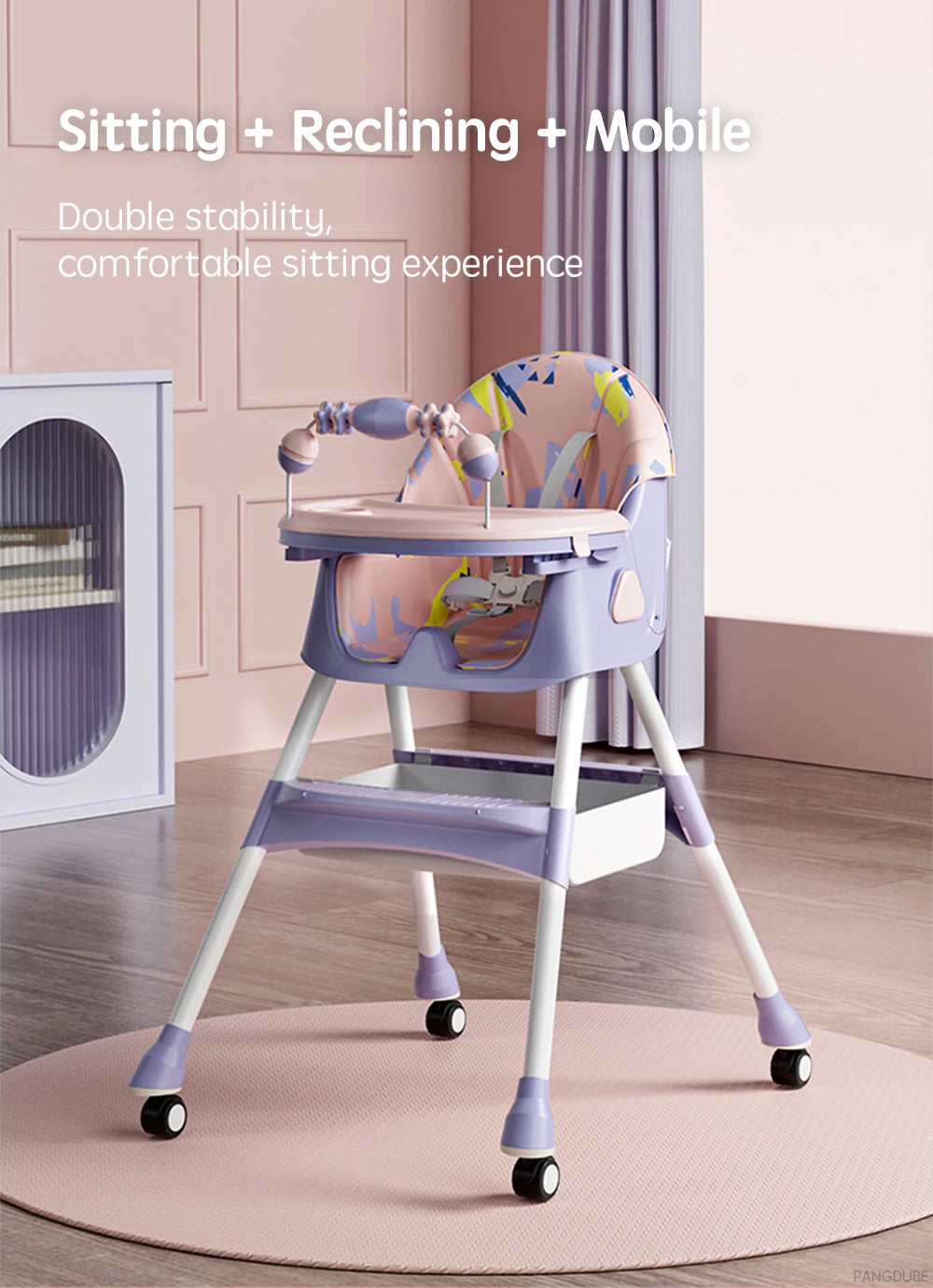 PANGDUBE Baby Seat Toddler Eating Chair Baby High Chair for Dinner Baby Feeding Chair with 4 Wheels, Bib, Bowl&spoon, Reclining
