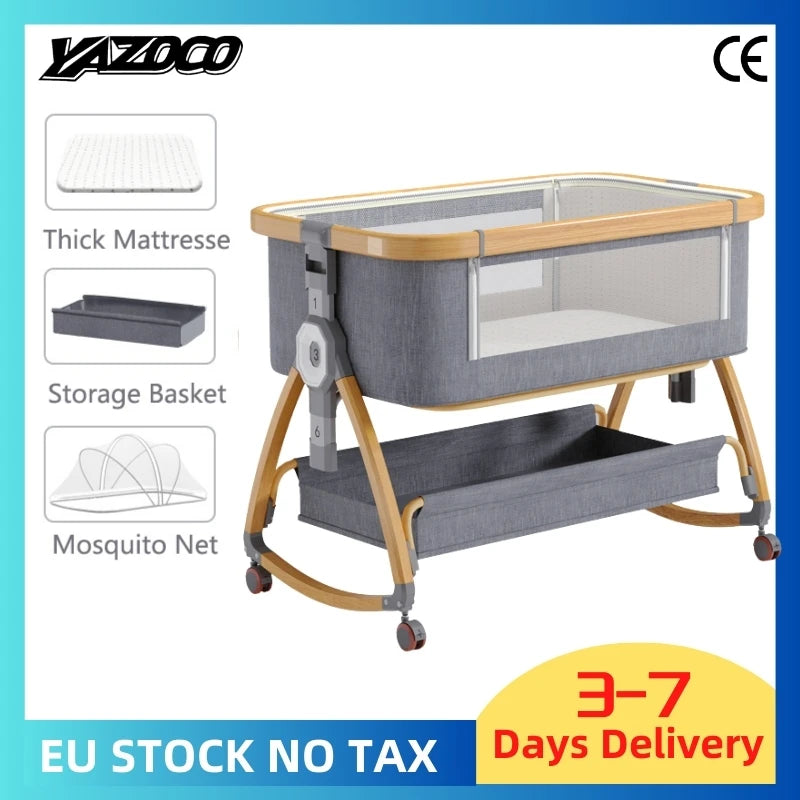 Baby Crib 3 in 1 Bedside Crib Baby Playpen Adjustable Height Rotatable Wheels Cozy Mattress Mosquito for Newborn Baby Infants