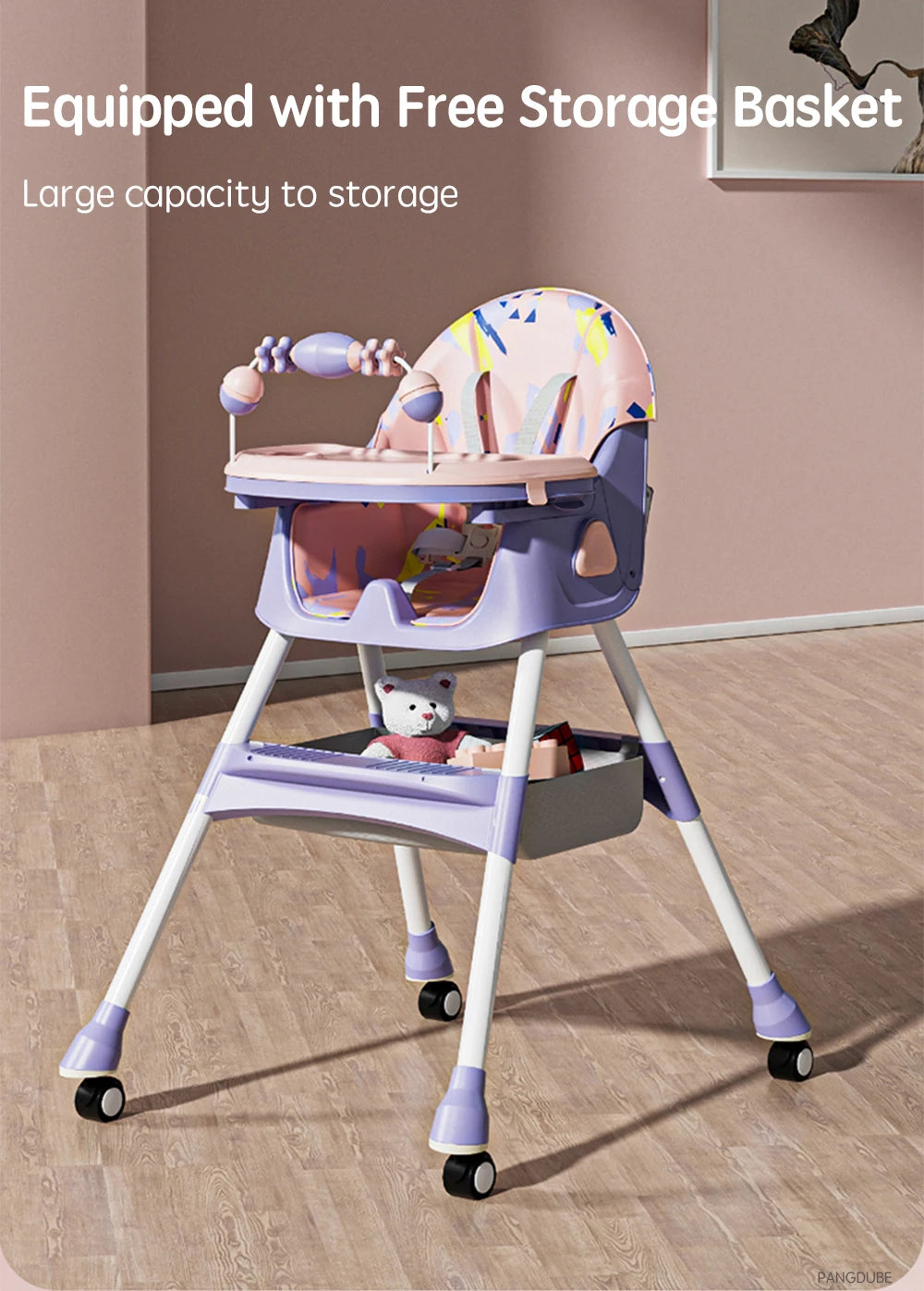 PANGDUBE Baby Seat Toddler Eating Chair Baby High Chair for Dinner Baby Feeding Chair with 4 Wheels, Bib, Bowl&spoon, Reclining