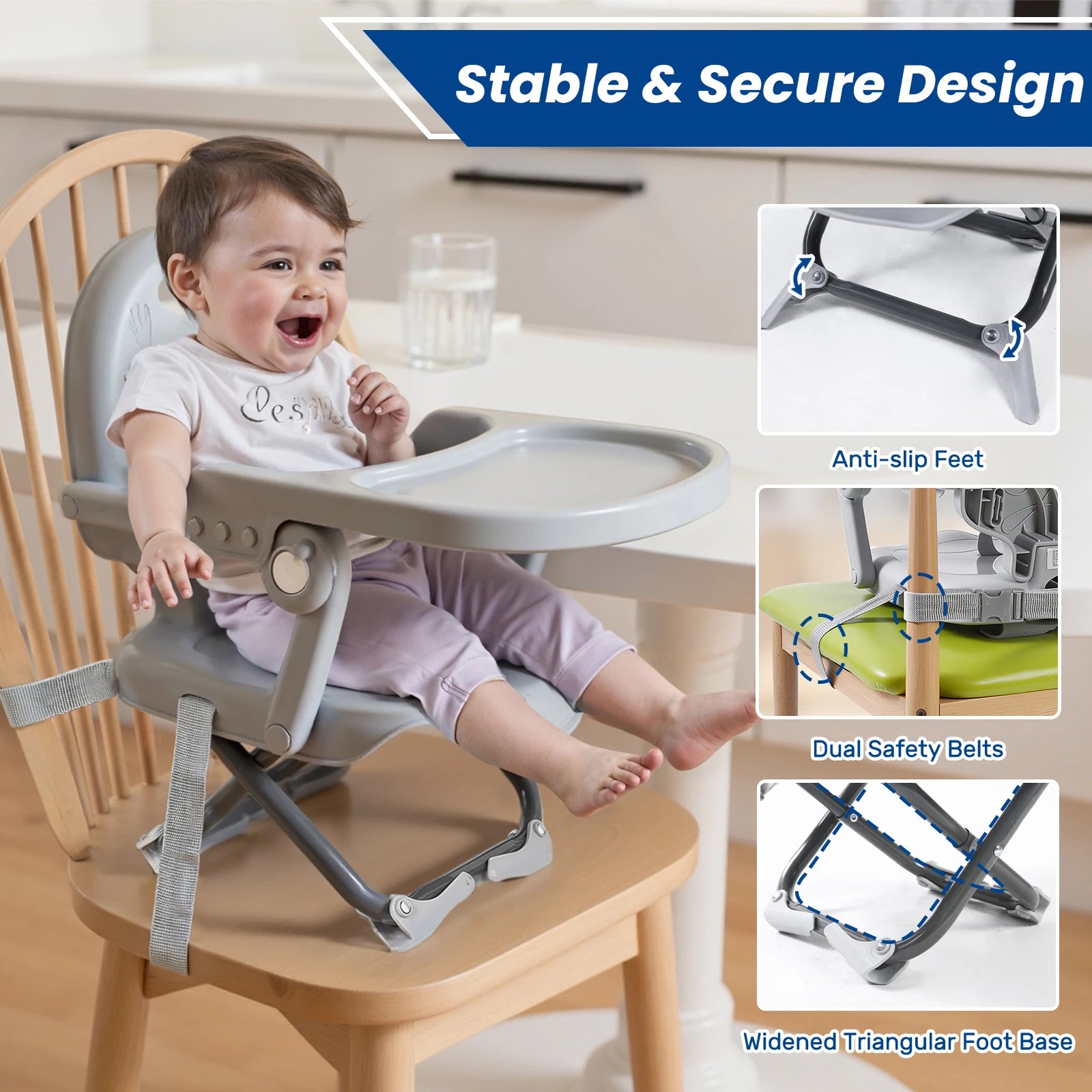 Portable High Chair for Babies & Toddlers, Foldable Booster Seat for Dining Chair, 6 Months to 3 Years, with Removable Tray