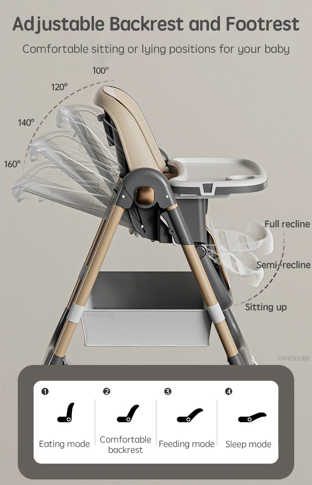 PANGDUBE Baby High Chair Adjustable Height Foldable Dining Chair W/Wheels & Tray Foldable Reclining Kid Feeding Seat For Dinner