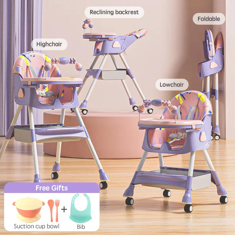 PANGDUBE Baby Seat Toddler Eating Chair Baby High Chair for Dinner Baby Feeding Chair with 4 Wheels, Bib, Bowl&spoon, Reclining
