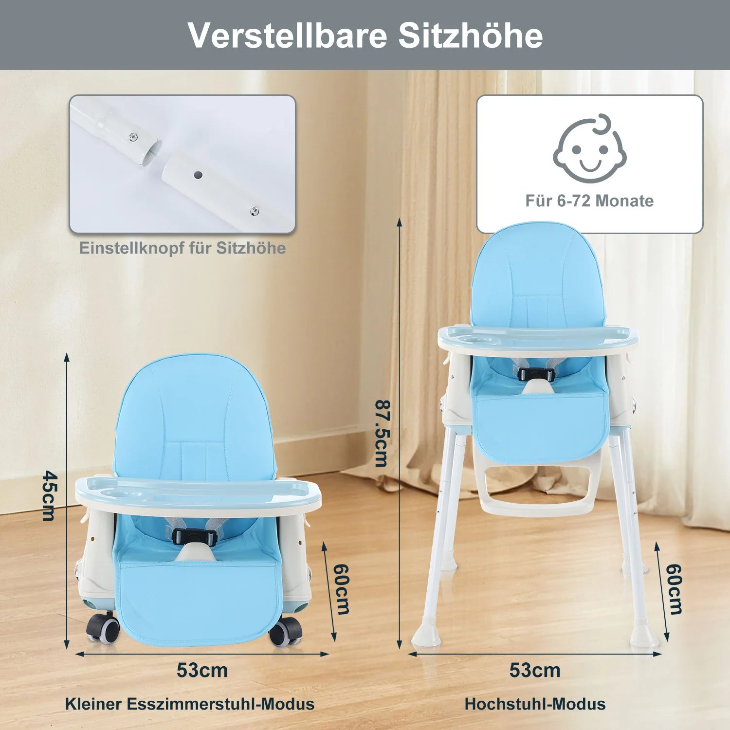 Baby chair high chair 4-in-1, height adjustable children high chair station wagon high chair with removable tray, non-slip chair leg caps