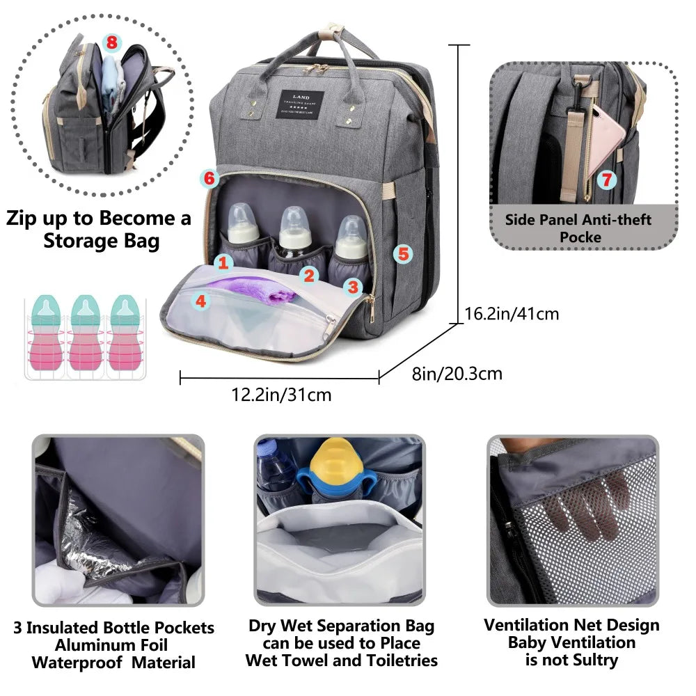 Sac à Dos de Maternité 2 en 1 – Lit Bébé Pliable & Sac de Voyage Grande Capacité