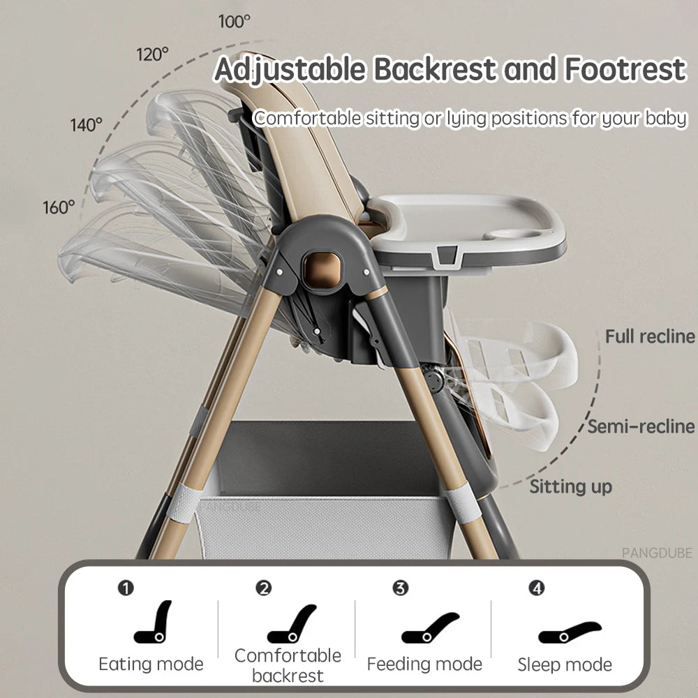 PANGDUBE Baby High Chair Adjustable Height Foldable Dining Chair W/Wheels & Tray Foldable Reclining Kid Feeding Seat For Dinner