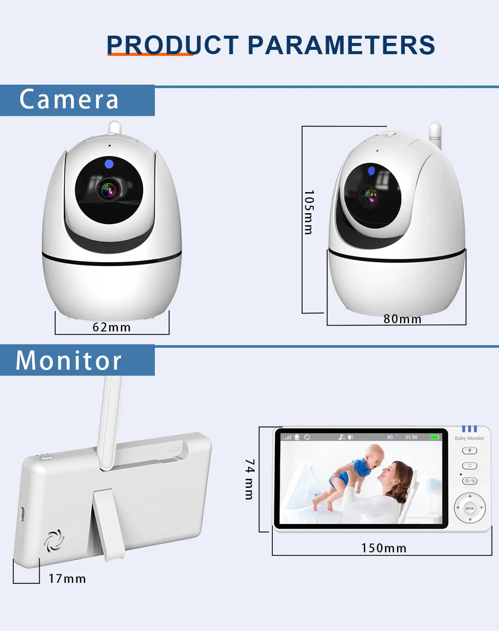 Moniteur vidéo bébé de 5,0 pouces avec caméra panoramique et inclinable, audio bidirectionnel sans fil, vision nocturne, sécurité, baby-sitter, VOX, réveil, charge USB.