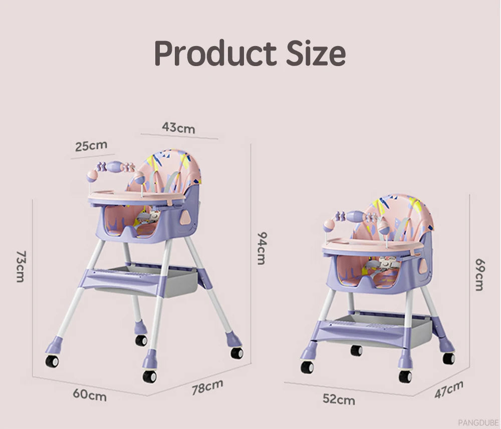 PANGDUBE Baby Seat Toddler Eating Chair Baby High Chair for Dinner Baby Feeding Chair with 4 Wheels, Bib, Bowl&spoon, Reclining