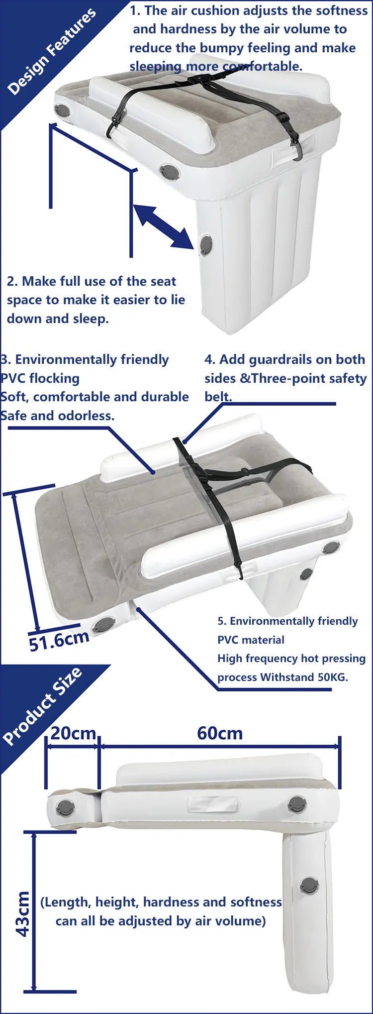 Car Inflatable Mattress Air Bed Long Distance Teavel Seat Hammock Baby Child Car Truck Train Plane Comfort Sleep Air Bed