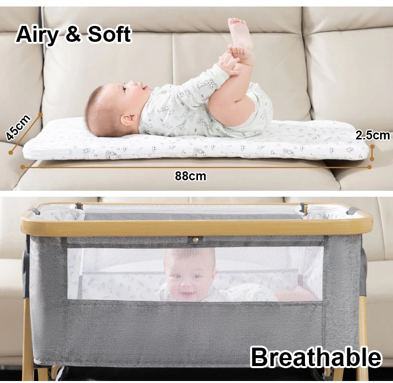 Baby Crib 3 in 1 Bedside Crib Baby Playpen Adjustable Height Rotatable Wheels Cozy Mattress Mosquito for Newborn Baby Infants