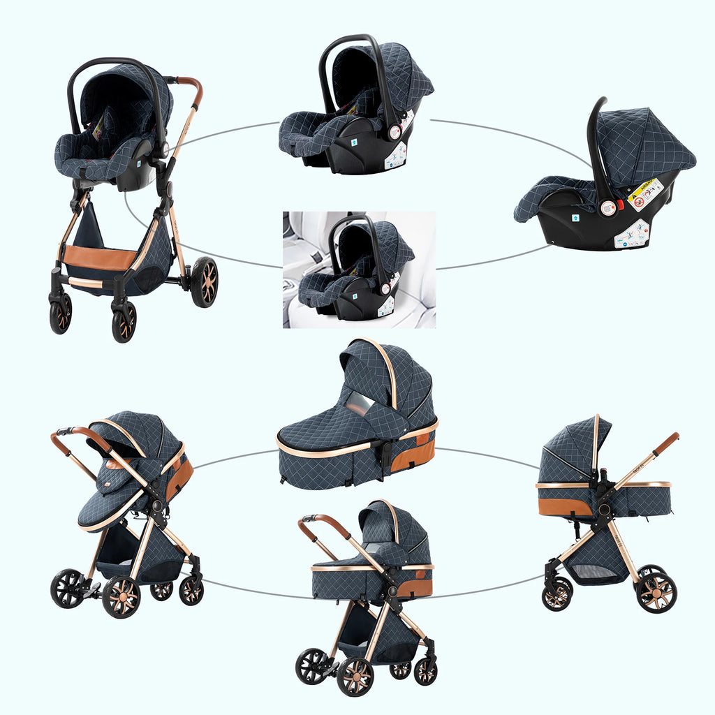 Poussette 3 en 1 Système de voyage Landaus pour nouveau-nés Siège-auto Poussette Paysage élevé Poussette bébé légère