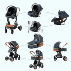 Poussette 3 en 1 Système de voyage Landaus pour nouveau-nés Siège-auto Poussette Paysage élevé Poussette bébé légère