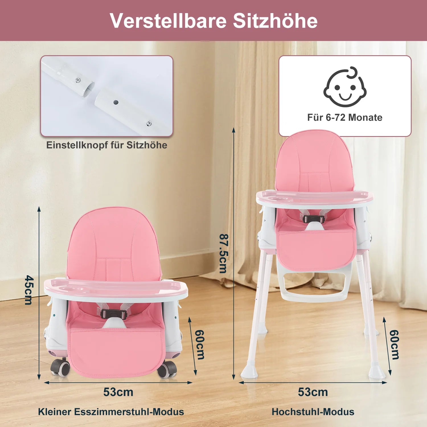 Baby chair high chair 4-in-1, height adjustable children high chair station wagon high chair with removable tray, non-slip chair leg caps