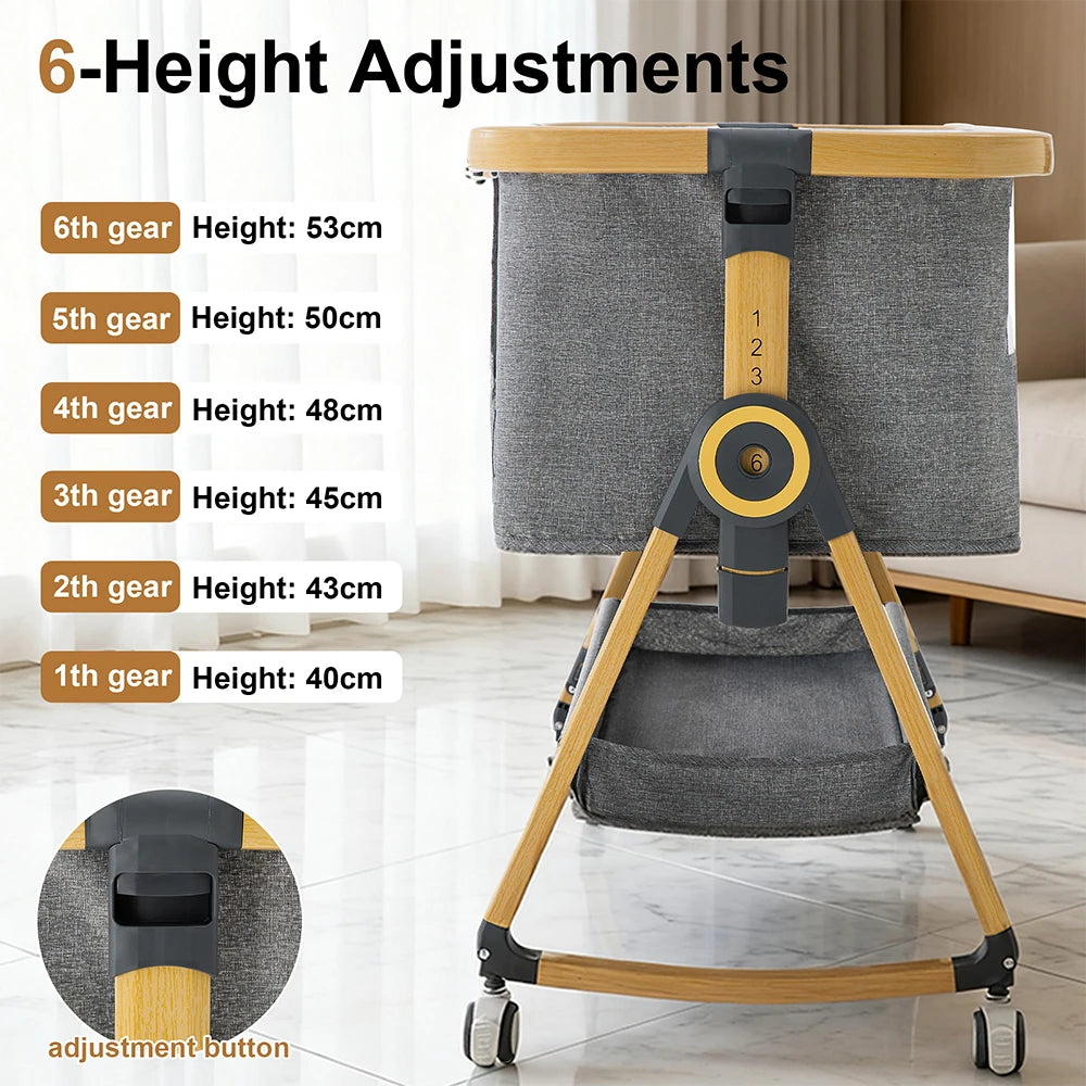 Baby Crib 3 in 1 Bedside Crib Baby Playpen Adjustable Height Rotatable Wheels Cozy Mattress Mosquito for Newborn Baby Infants