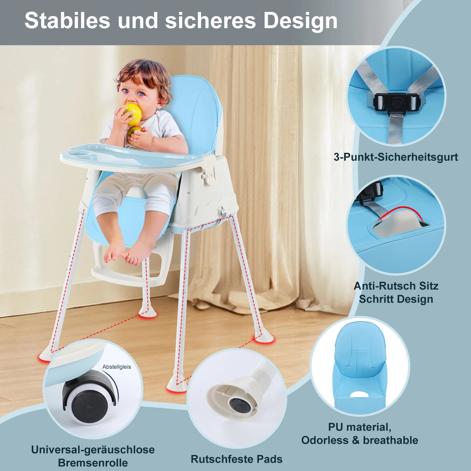 Baby chair high chair 4-in-1, height adjustable children high chair station wagon high chair with removable tray, non-slip chair leg caps
