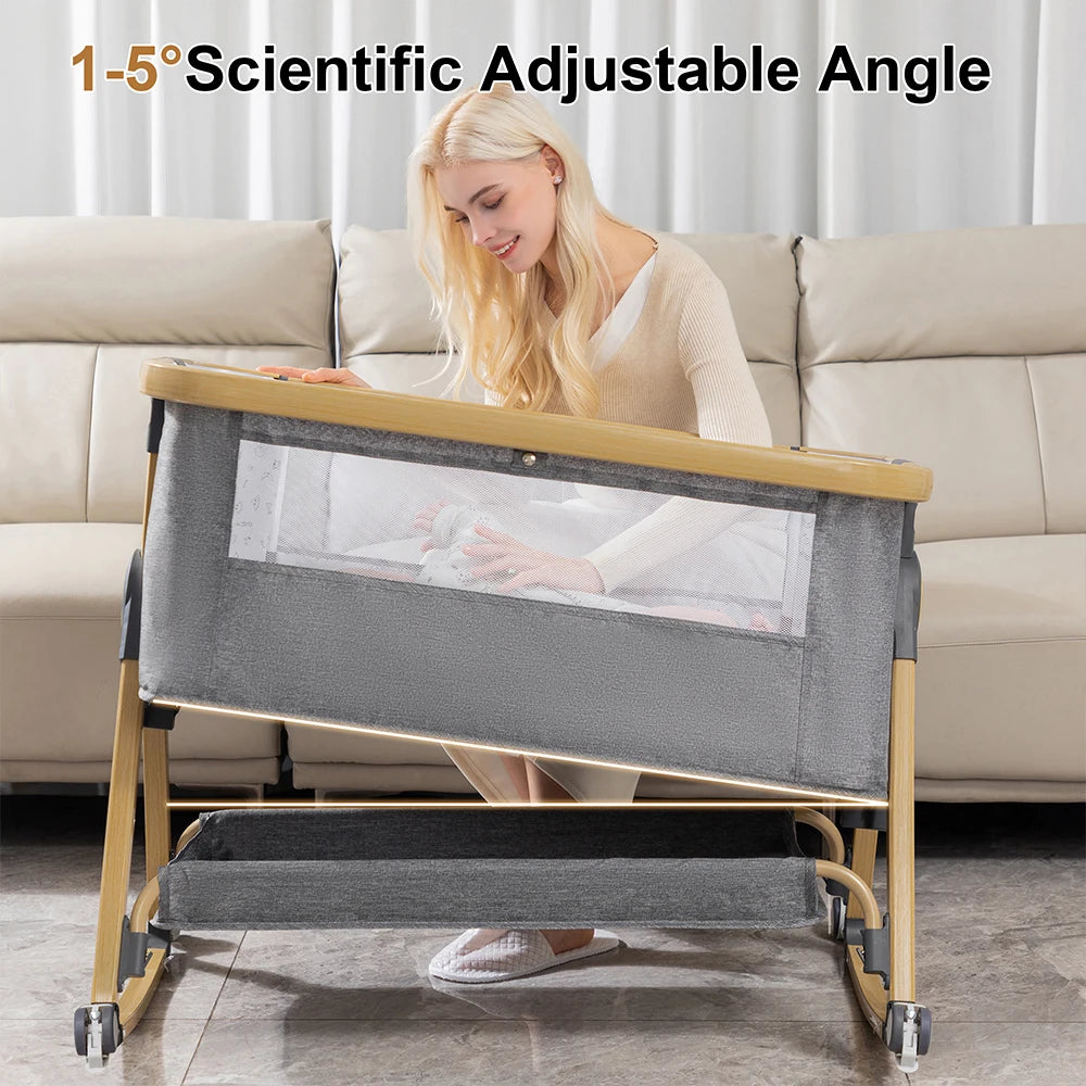 Baby Crib 3 in 1 Bedside Crib Baby Playpen Adjustable Height Rotatable Wheels Cozy Mattress Mosquito for Newborn Baby Infants