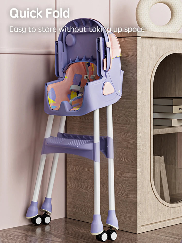 PANGDUBE Baby Seat Toddler Eating Chair Baby High Chair for Dinner Baby Feeding Chair with 4 Wheels, Bib, Bowl&spoon, Reclining