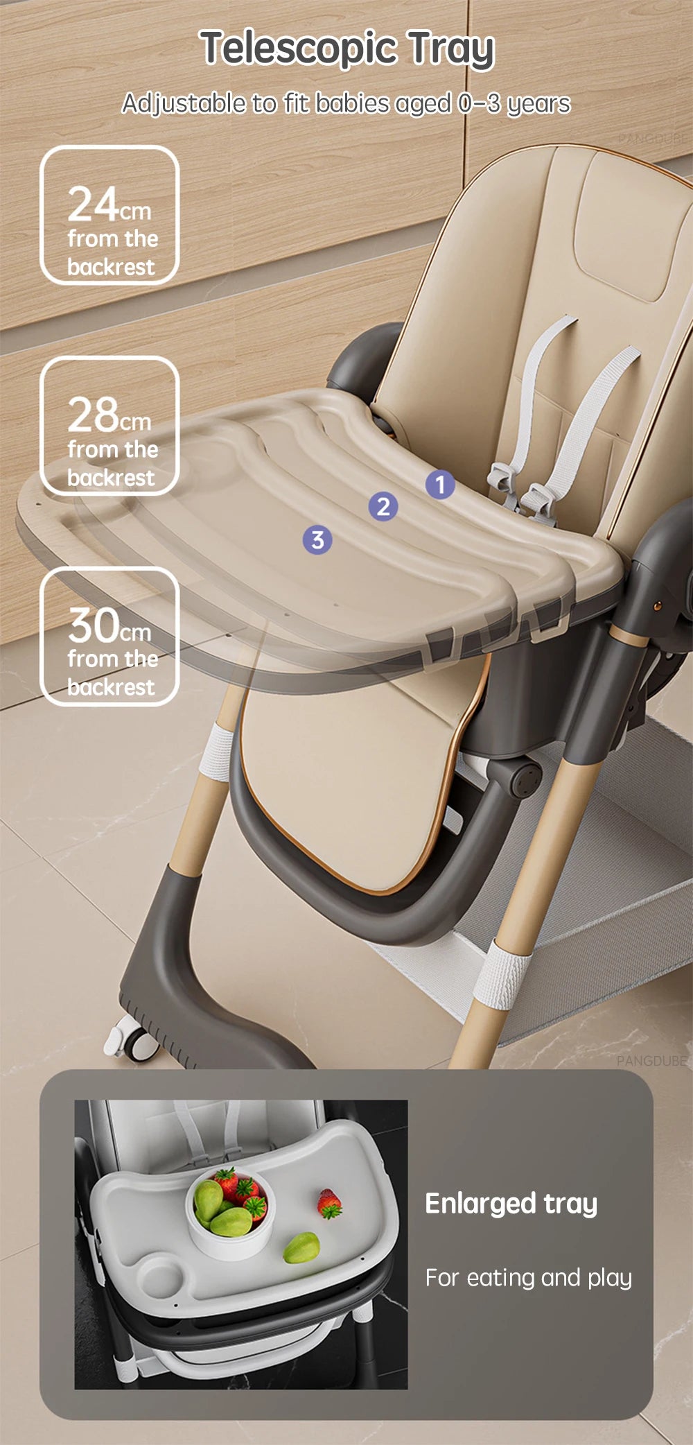 PANGDUBE Baby High Chair Adjustable Height Foldable Dining Chair W/Wheels & Tray Foldable Reclining Kid Feeding Seat For Dinner