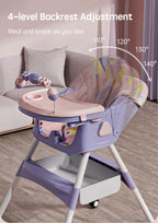 PANGDUBE Baby Seat Toddler Eating Chair Baby High Chair for Dinner Baby Feeding Chair with 4 Wheels, Bib, Bowl&spoon, Reclining