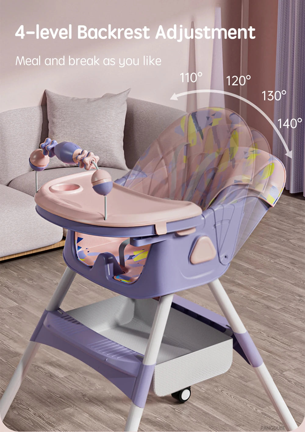 PANGDUBE Baby Seat Toddler Eating Chair Baby High Chair for Dinner Baby Feeding Chair with 4 Wheels, Bib, Bowl&spoon, Reclining