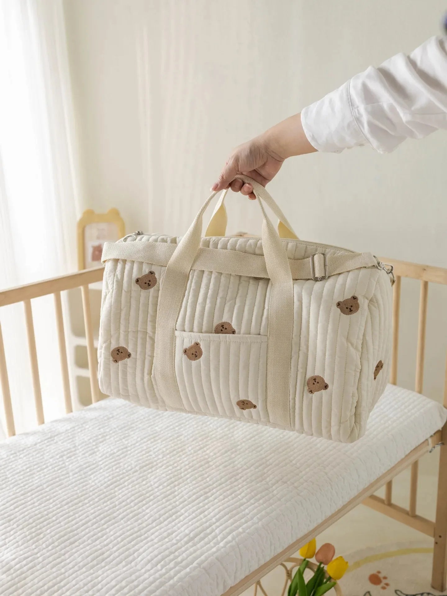 Little Bear Embroidered Handheld Shoulder Bag Cute Cartoon Large Capacity Mother Baby Parent Child Single Shoulder Bag Mommy Bag