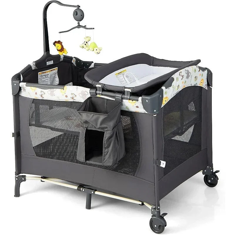 4 in 1 Portable Baby Crib Nursery Center Foldable Travel Playard with Bassinet Mattress Toys Changing Table for Newborn Infant