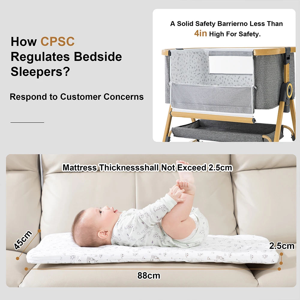 Baby Crib 3 in 1 Bedside Crib Baby Playpen Adjustable Height Rotatable Wheels Cozy Mattress Mosquito for Newborn Baby Infants