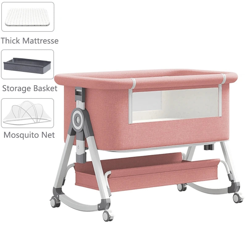 Baby Crib 3 in 1 Bedside Crib Baby Playpen Adjustable Height Rotatable Wheels Cozy Mattress Mosquito for Newborn Baby Infants