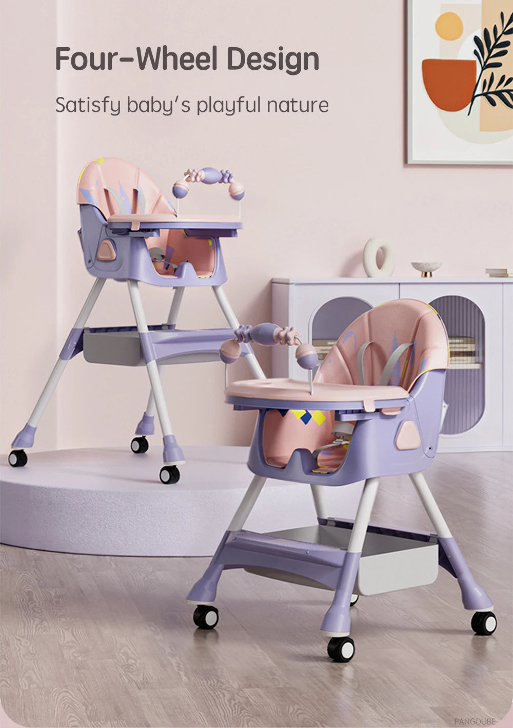 PANGDUBE Baby Seat Toddler Eating Chair Baby High Chair for Dinner Baby Feeding Chair with 4 Wheels, Bib, Bowl&spoon, Reclining