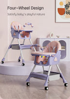 PANGDUBE Baby Seat Toddler Eating Chair Baby High Chair for Dinner Baby Feeding Chair with 4 Wheels, Bib, Bowl&spoon, Reclining