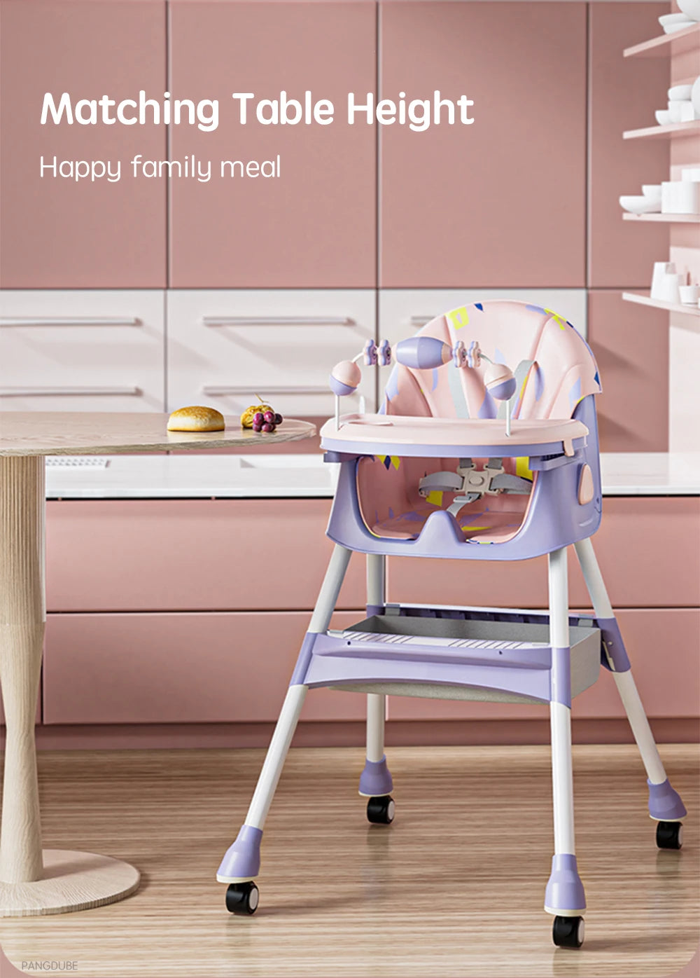 PANGDUBE Baby Seat Toddler Eating Chair Baby High Chair for Dinner Baby Feeding Chair with 4 Wheels, Bib, Bowl&spoon, Reclining