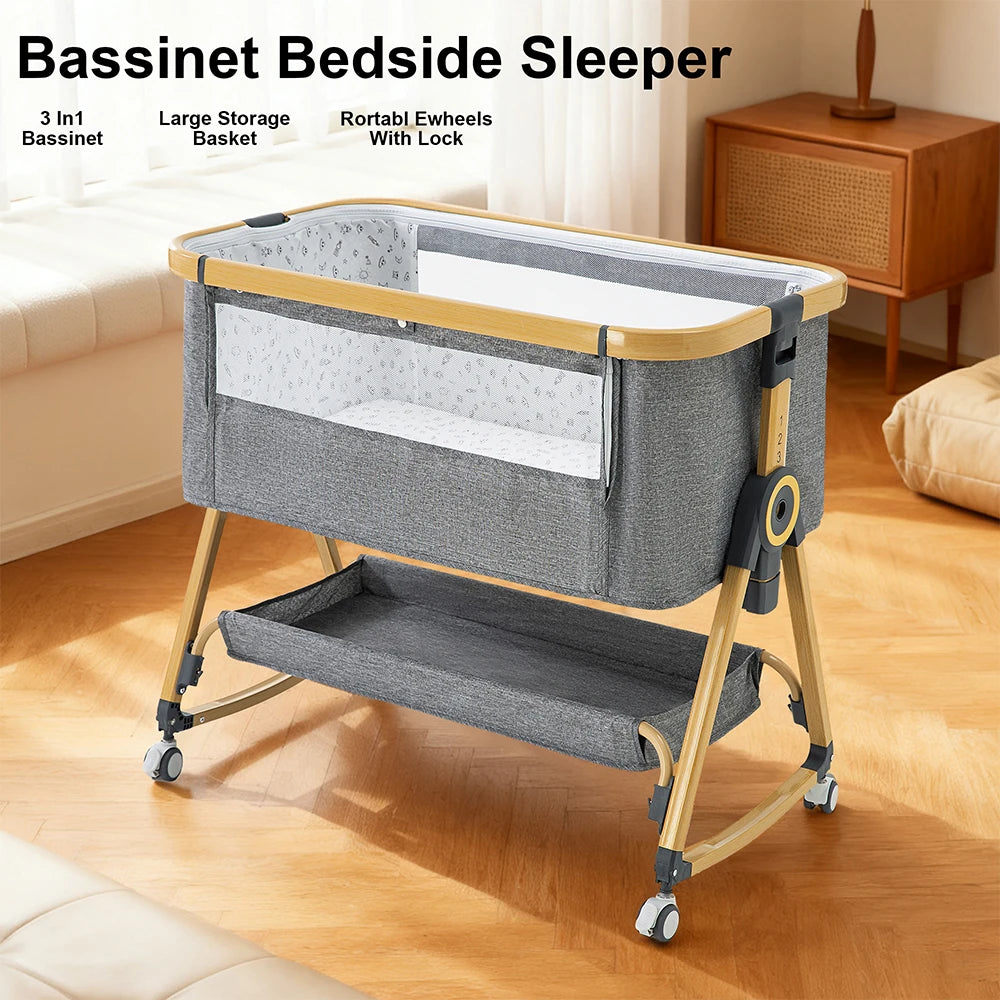 Baby Crib 3 in 1 Bedside Crib Baby Playpen Adjustable Height Rotatable Wheels Cozy Mattress Mosquito for Newborn Baby Infants