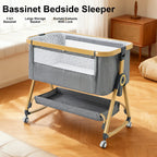 Baby Crib 3 in 1 Bedside Crib Baby Playpen Adjustable Height Rotatable Wheels Cozy Mattress Mosquito for Newborn Baby Infants