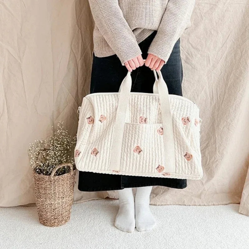 Little Bear Embroidered Handheld Shoulder Bag Cute Cartoon Large Capacity Mother Baby Parent Child Single Shoulder Bag Mommy Bag