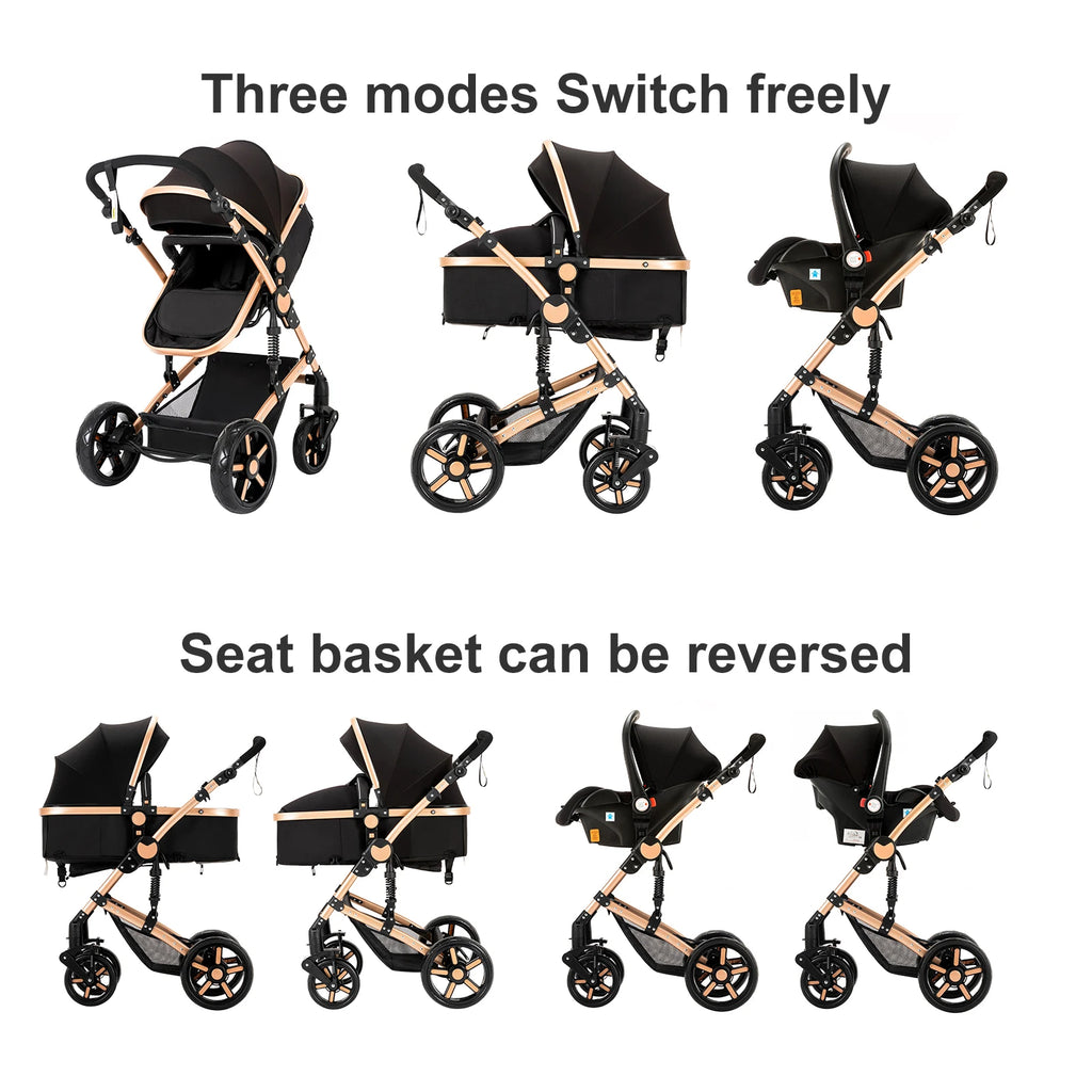 Poussette 3 en 1 Système de voyage Landaus pour nouveau-nés Siège-auto Poussette Paysage élevé Poussette bébé légère