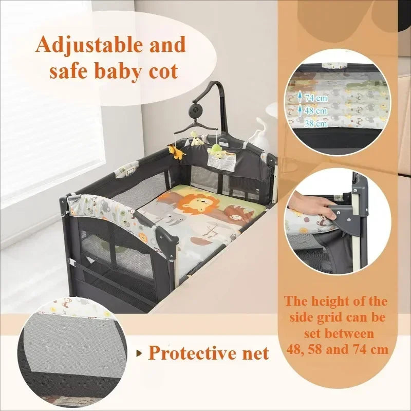 4 in 1 Portable Baby Crib Nursery Center Foldable Travel Playard with Bassinet Mattress Toys Changing Table for Newborn Infant