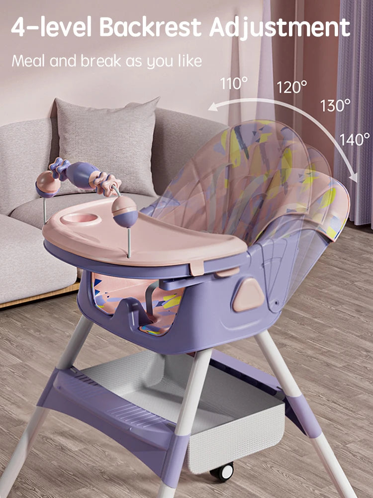 PANGDUBE Baby Seat Toddler Eating Chair Baby High Chair for Dinner Baby Feeding Chair with 4 Wheels, Bib, Bowl&spoon, Reclining