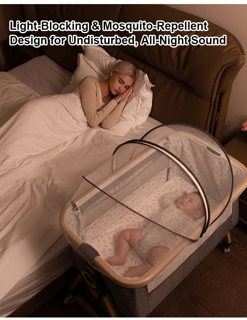 Baby Crib 3 in 1 Bedside Crib Baby Playpen Adjustable Height Rotatable Wheels Cozy Mattress Mosquito for Newborn Baby Infants