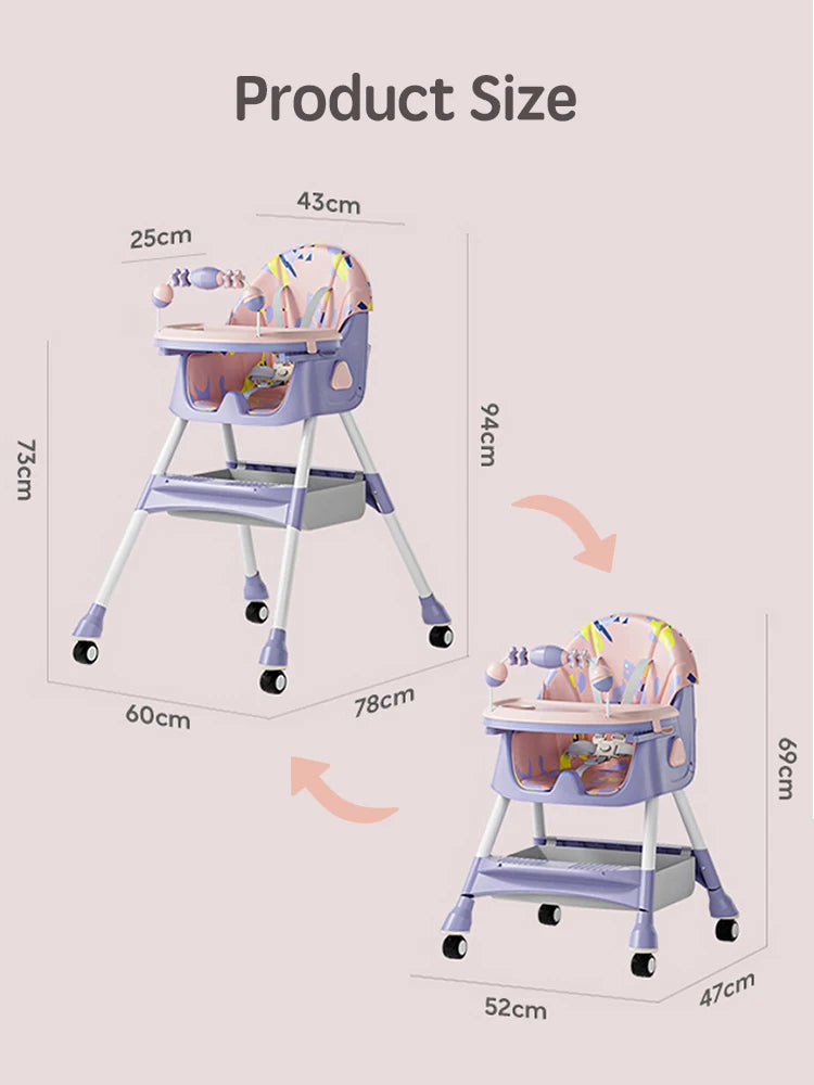 PANGDUBE Baby Seat Toddler Eating Chair Baby High Chair for Dinner Baby Feeding Chair with 4 Wheels, Bib, Bowl&spoon, Reclining