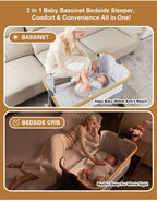 Baby Crib 3 in 1 Bedside Crib Baby Playpen Adjustable Height Rotatable Wheels Cozy Mattress Mosquito for Newborn Baby Infants