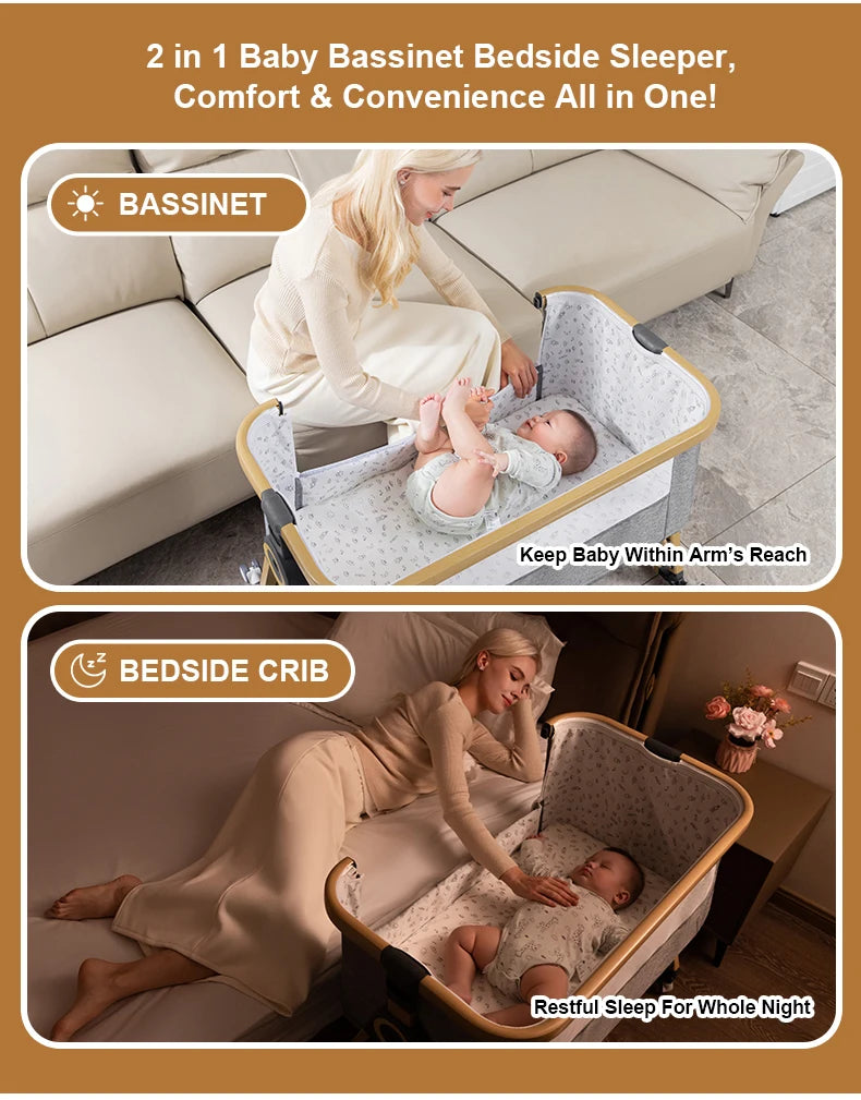 Baby Crib 3 in 1 Bedside Crib Baby Playpen Adjustable Height Rotatable Wheels Cozy Mattress Mosquito for Newborn Baby Infants