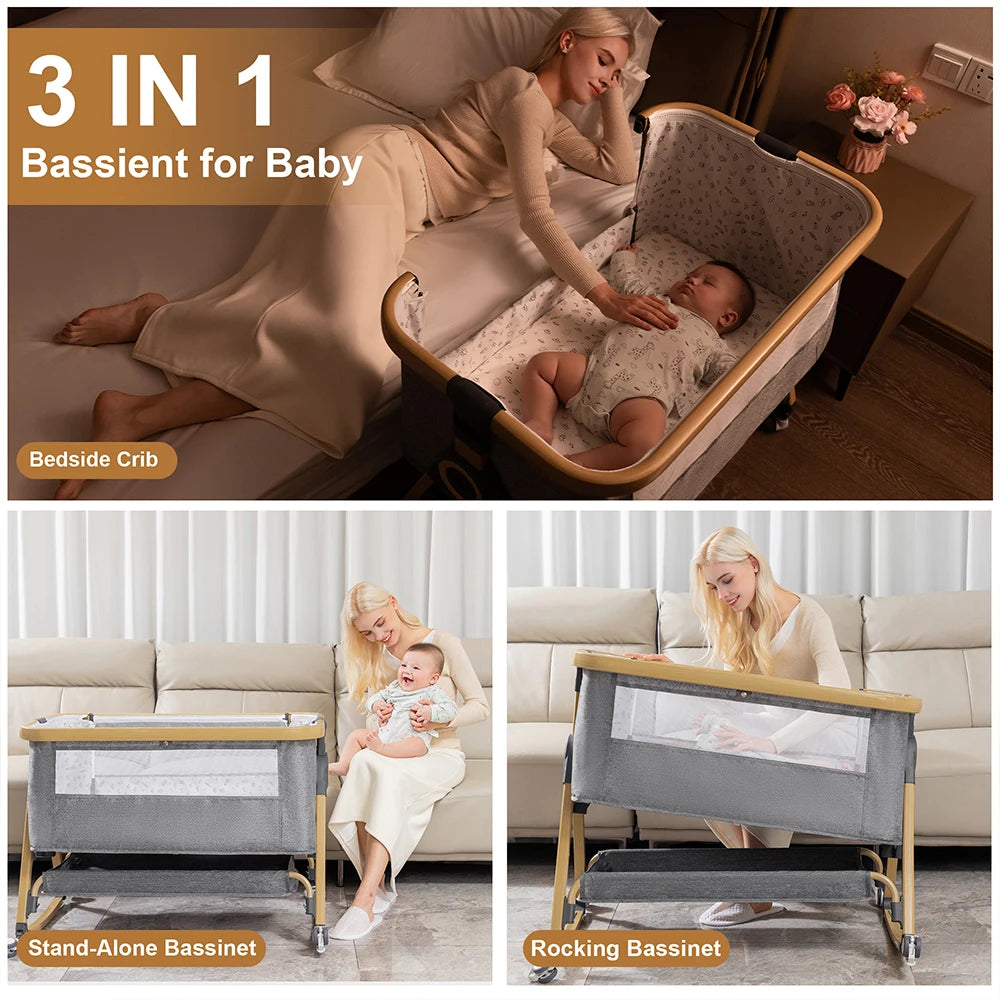 Baby Crib 3 in 1 Bedside Crib Baby Playpen Adjustable Height Rotatable Wheels Cozy Mattress Mosquito for Newborn Baby Infants