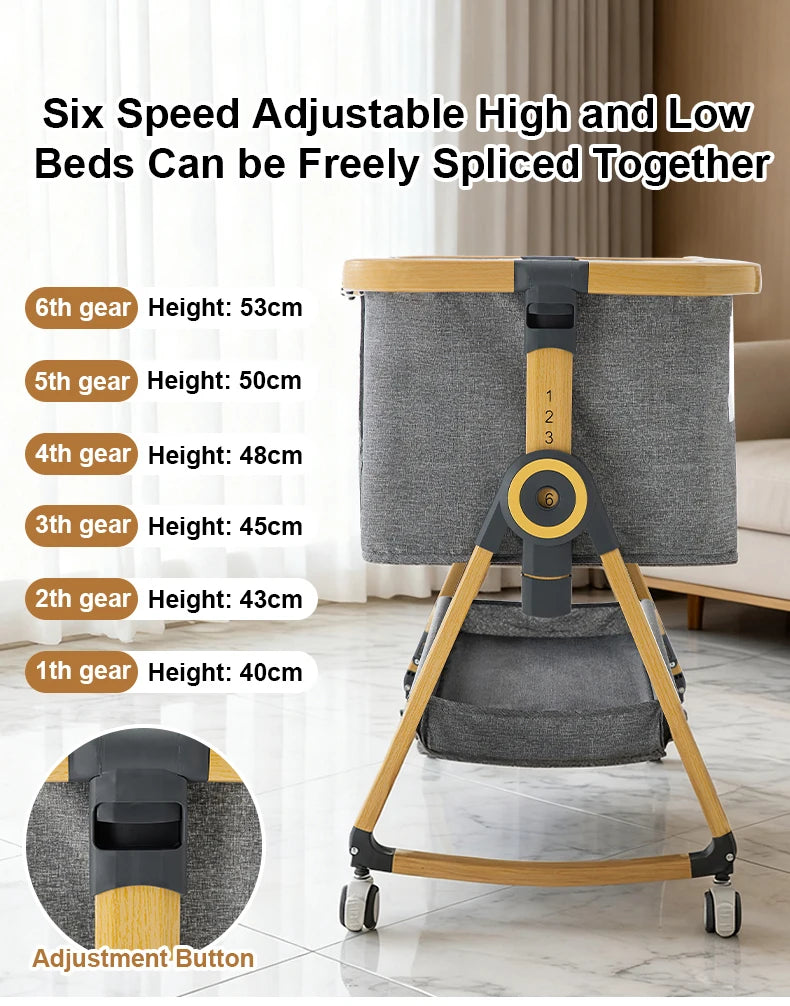Baby Crib 3 in 1 Bedside Crib Baby Playpen Adjustable Height Rotatable Wheels Cozy Mattress Mosquito for Newborn Baby Infants